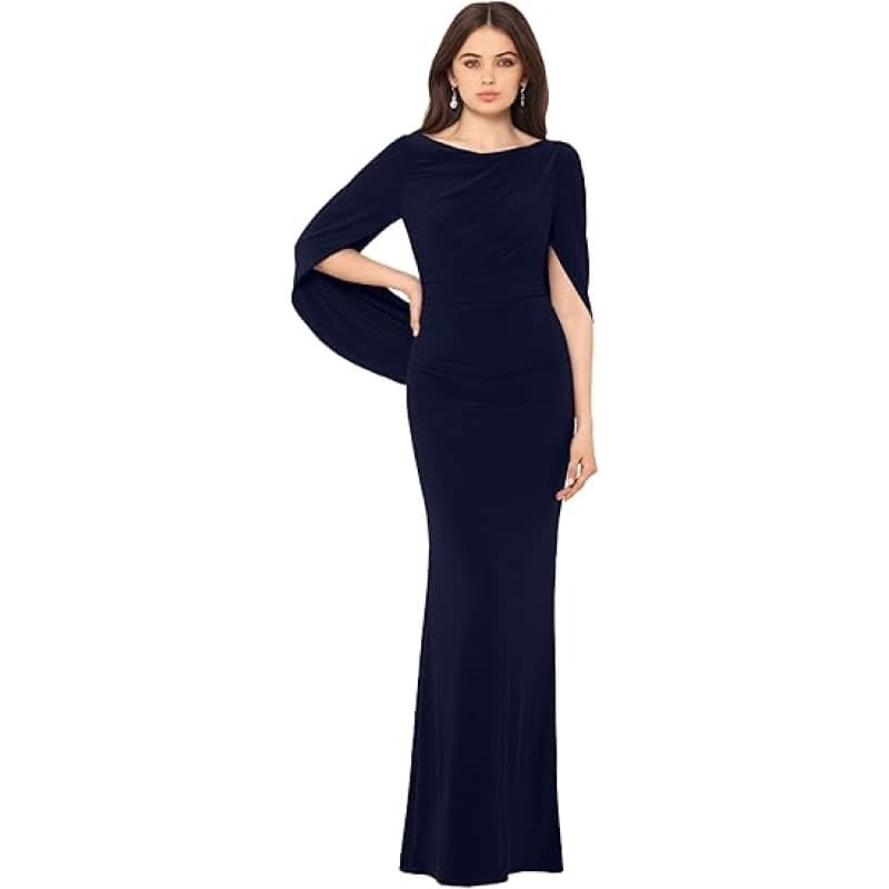 Cape Sleeve Draped Evening Gown